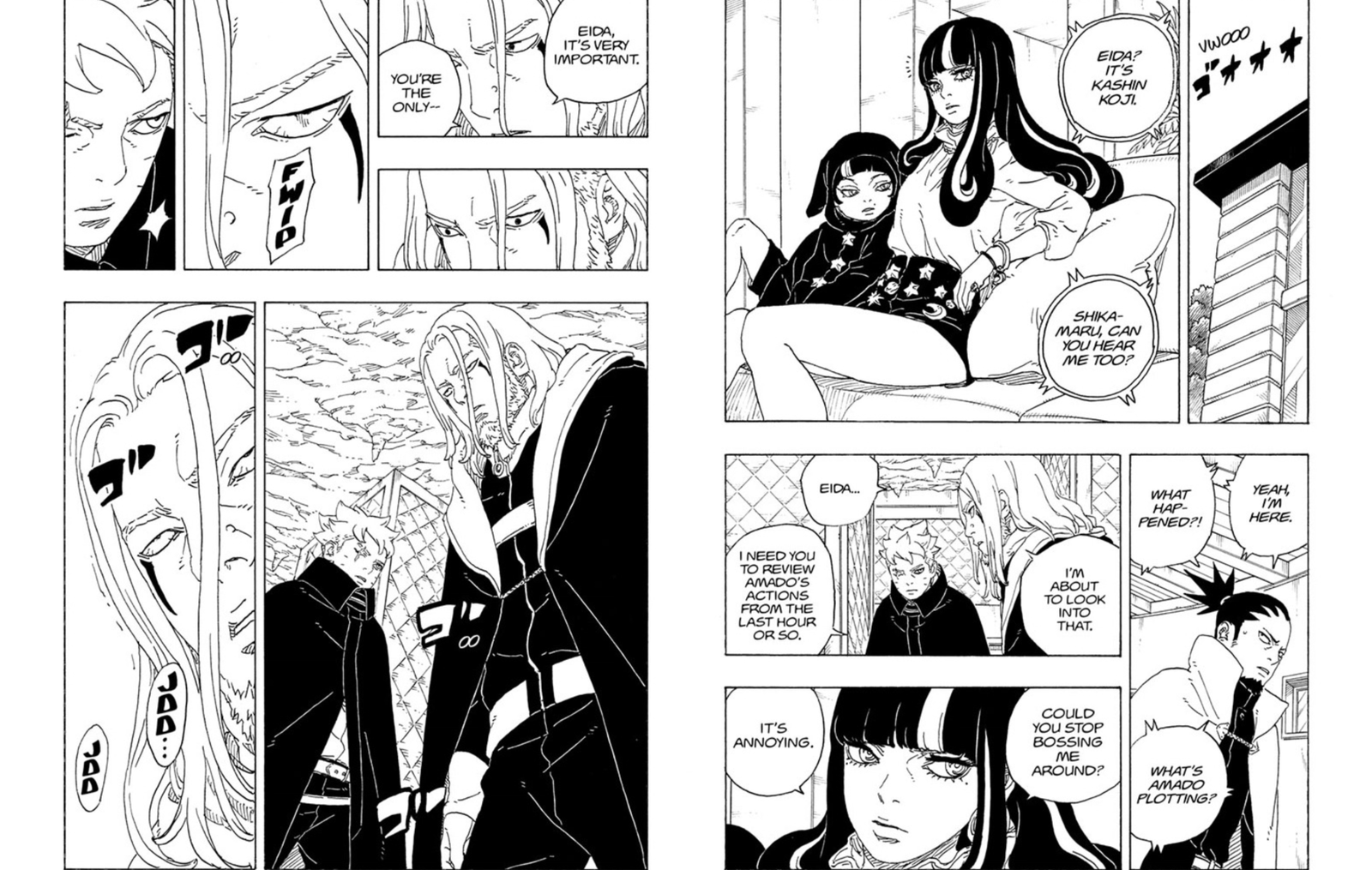  Two Blue Vortex manga, featuring Eida using her Senrigan (Clairvoyance) ability to observe events remotely while interacting with Daemon. Eida monitors ongoing situations from a distance, utilizing her all-seeing eye capability while resting with Daemon.