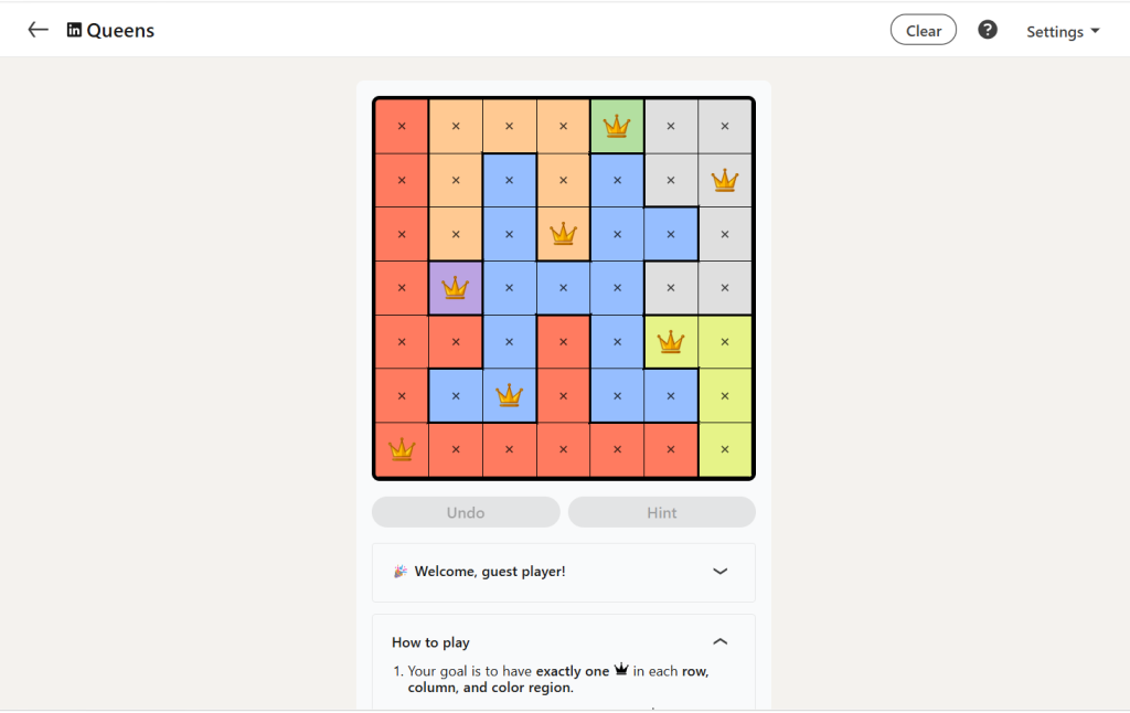 A screenshot of the daily LinkedIn Games puzzle.