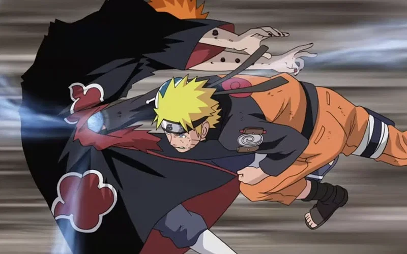 Naruto Uzumaki tung đòn kết liễu cuối cùng bằng Rasengan trực tiếp vào ngực của Thần Pain.