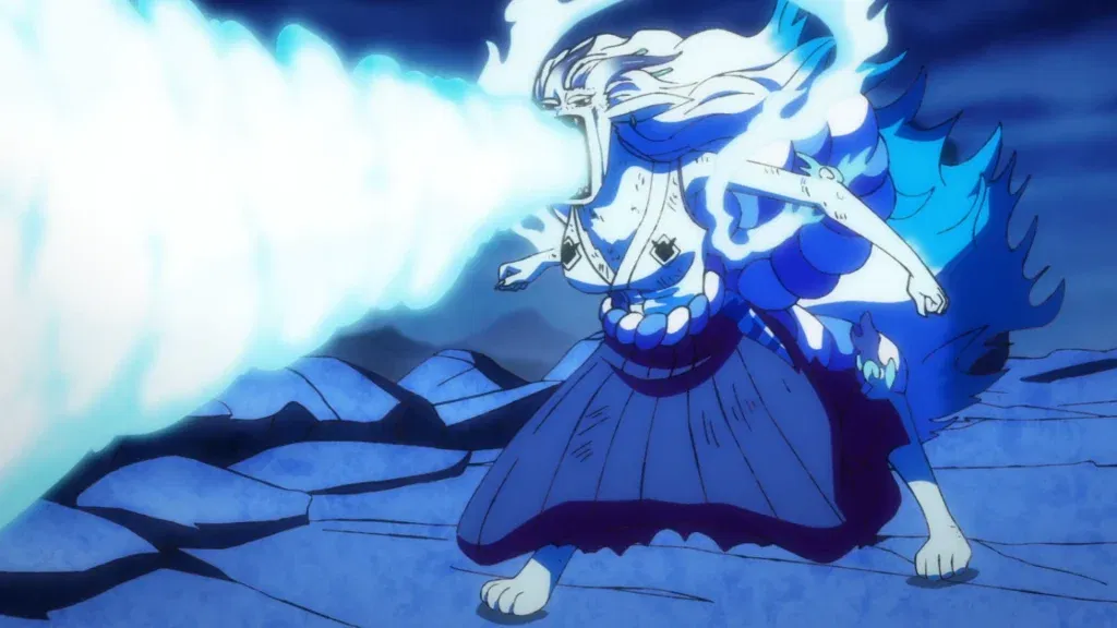 Yamato from One Piece using the ice breath technique.