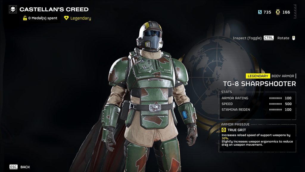 Helldivers 2 in-game screenshot of the overview screen for the TG-8 Sharpshooter light armor in the Warhammer 40K Castellan's Creed warbond.