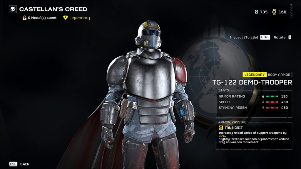Helldivers 2 in-game screenshot of the overview screen for the TG-122 Demo-Trooper heavy armor in the Warhammer 40K Castellan's Creed warbond.