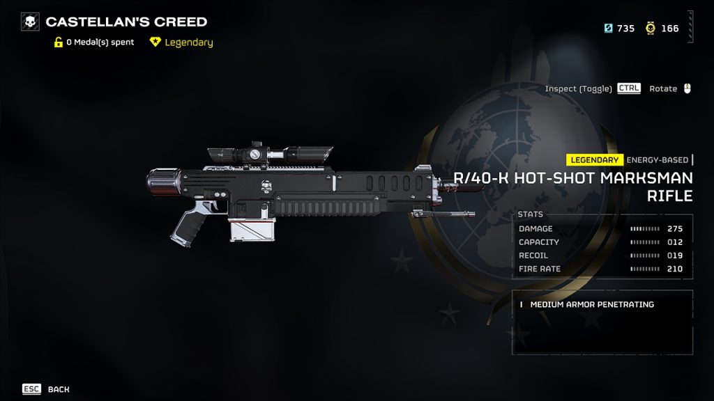 Helldivers 2 in-game screenshot of the overview screen for the R/40-K Hot-Shot Marksman Rifle in the Warhammer 40K Castellan's Creed warbond.