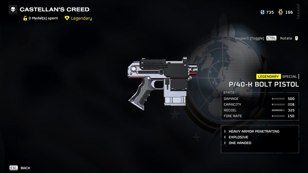 Helldivers 2 in-game screenshot of the overview screen for the P/40-K Bolt Pistol in the Warhammer 40K Castellan's Creed warbond.