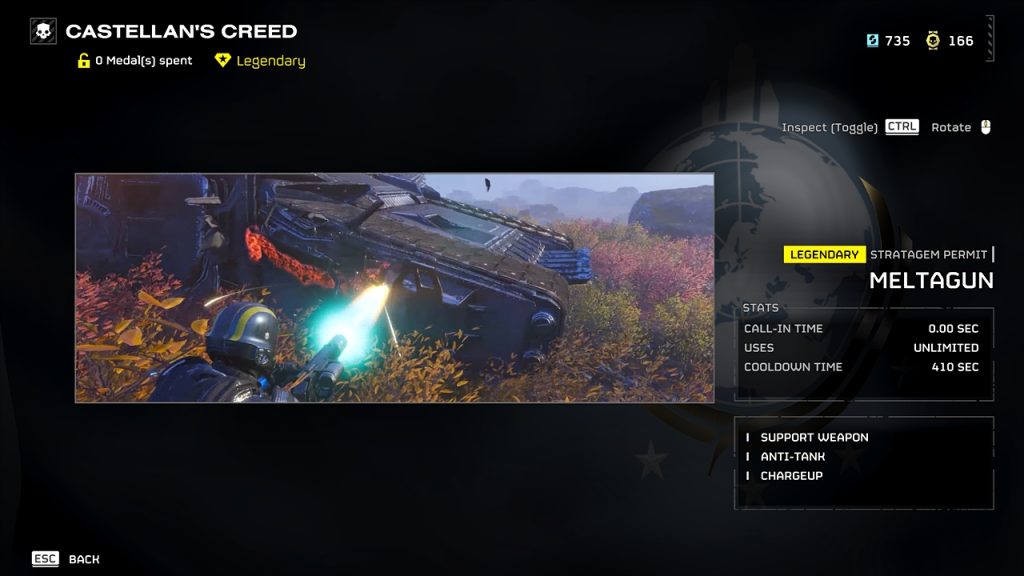 Helldivers 2 in-game screenshot of the overview screen for the Meltagun Stratagem in the Warhammer 40K Castellan's Creed warbond.
