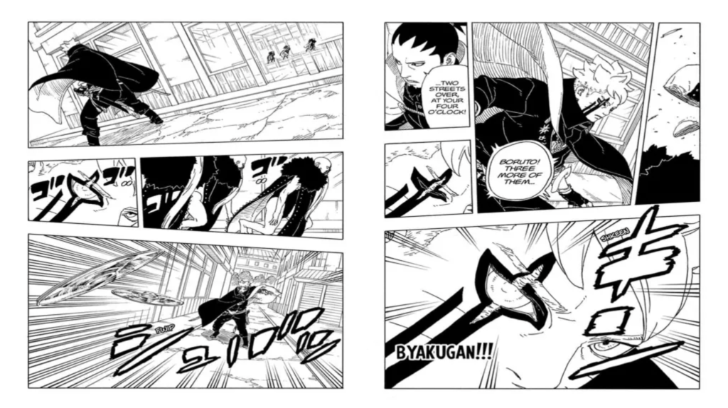  Two Blue Vortex while coordinating with Shikamaru and utilizing a shuriken-rebound technique.