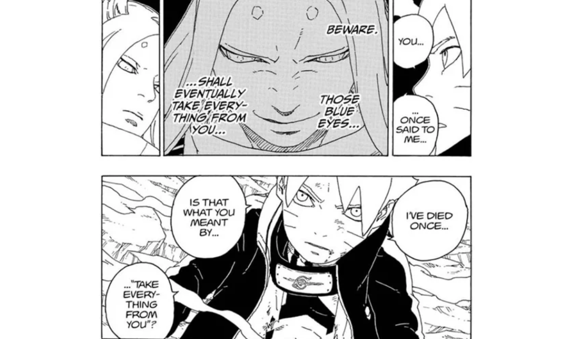  Naruto Next Generations manga, titled "Decisive Action." Following a fierce battle where Boruto was fatally injured by Kawaki (acting to stop Momoshiki), Momoshiki uses his remaining data to fully reconstruct and heal Boruto's body, effectively reviving him.