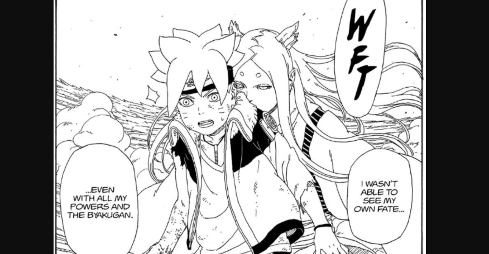 This panel from the Boruto manga shows Momoshiki Ōtsutsuki freezing time right after his defeat to plant the Karma seal on Boruto Uzumaki. Momoshiki stops time in the physical world to converse with Boruto invisibly and intangibly to others.
