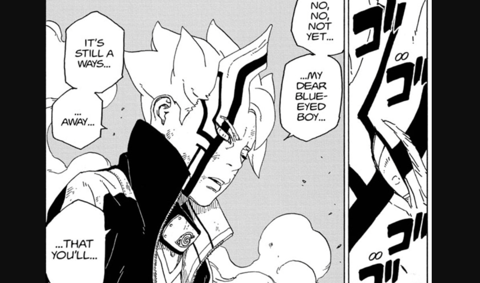 Naruto Next Generations where Momoshiki Ōtsutsuki speaks within Boruto's mind, referencing his ominous prophecy about Boruto's blue eyes.