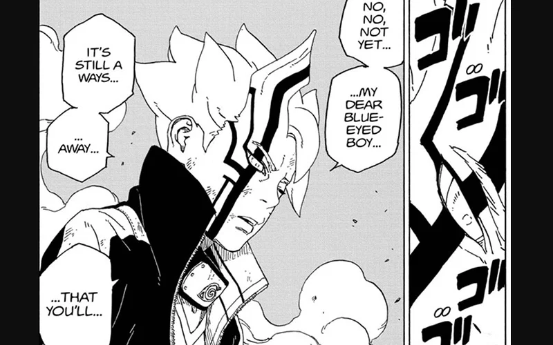 Hình ảnh này là một khung truyện tranh từ Boruto: Naruto Next Generations, trong đó Momoshiki Ōtsutsuki nói chuyện trong tâm trí Boruto, nhắc đến lời tiên tri đáng ngại của hắn về đôi mắt xanh của Boruto.