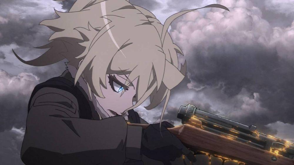 Tanya aiming a gun in the anime series The Saga of Tanya the Evil