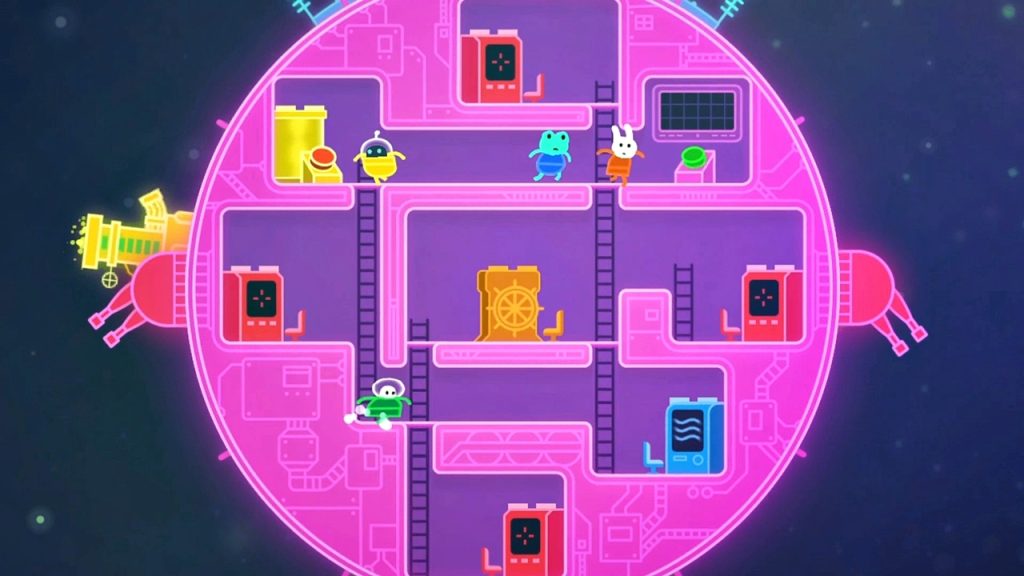 A gameplay screenshot of Lovers in a Dangerous Spacetime showcasing the unique co-op gameplay.