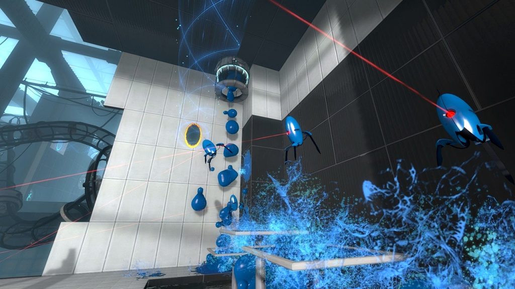A gameplay screenshot of Portal 2's cooperative campaign.