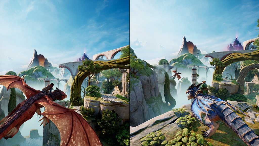 A gameplay screenshot of Split Fiction showing its two protagonists in one of the game's varied worlds.