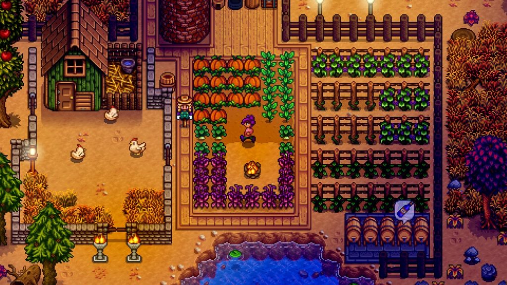 A gameplay screenshot of Stardew Valley showing its farming and rural setting.