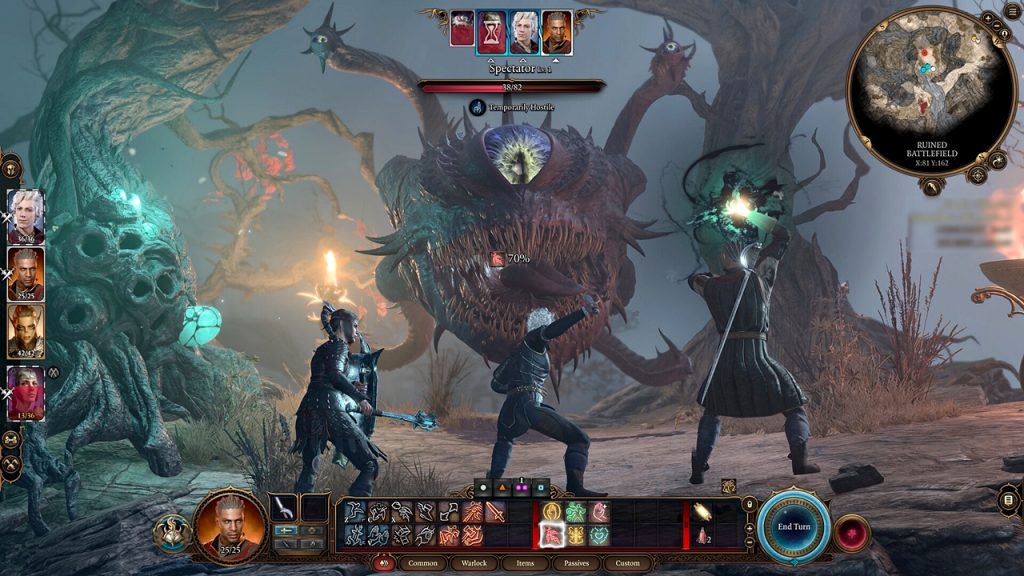A gameplay screenshot of Baldur's Gate 3 showing the turn-based combat in action.