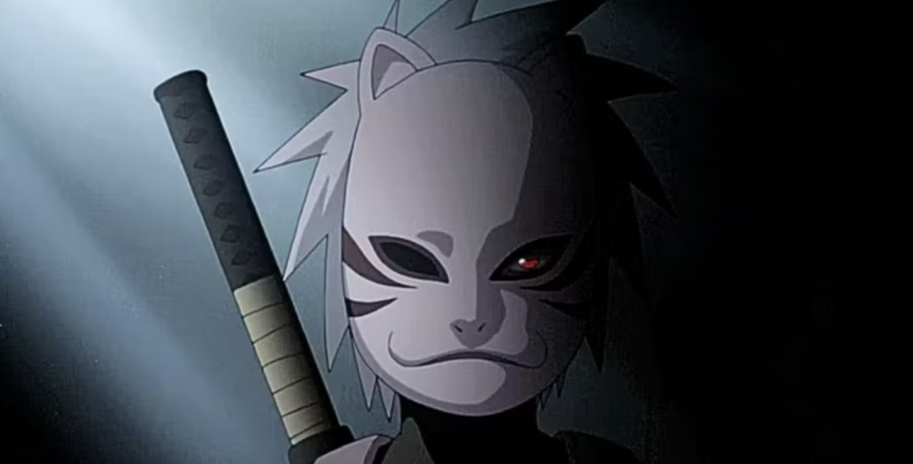 Kakashi Hatake is featured in his ANBU Black Ops uniform from the anime series Naruto Shippūden.  He is wearing a stylized cat/animal-themed ANBU porcelain mask with characteristic red markings, revealing his glowing red Sharingan eye and a ninja sword (tantō) strapped to his back.
