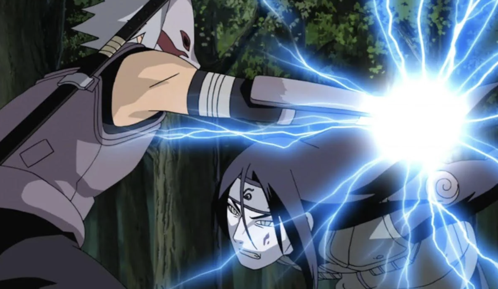 Anbu Kakashi Hatake attempts to strike Orochimaru with his Chidori during a tense confrontation in Naruto Shippódan (specifically adapted in the ANBU Kakashi arc, Episode 352).
