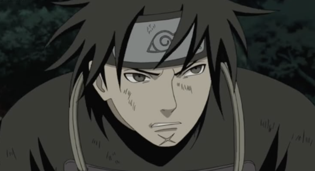 The image shows a young Danzō Shimura from the anime series Naruto during his earlier days as a shinobi.