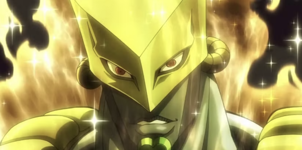  Stardust Crusaders.  It is characterized by its golden armor, a distinct angular mask covering the upper face, and oxygen tanks mounted on its back.