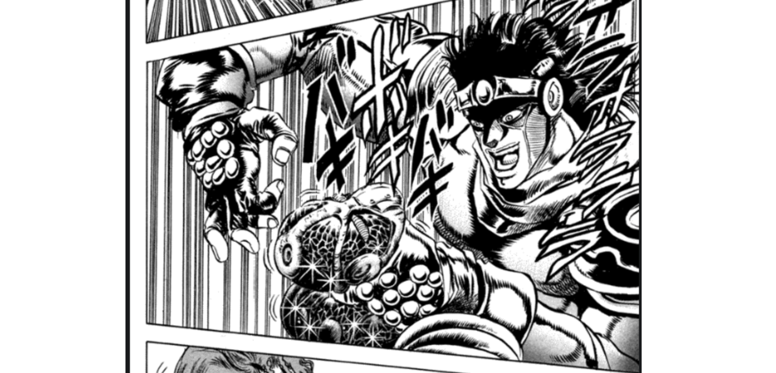  Part 3 – Stardust Crusaders depicts Jotaro Kujo and his Stand, Star Platinum, smiling while using a precise maneuver to inhale and capture Enya's Stand, Justice.