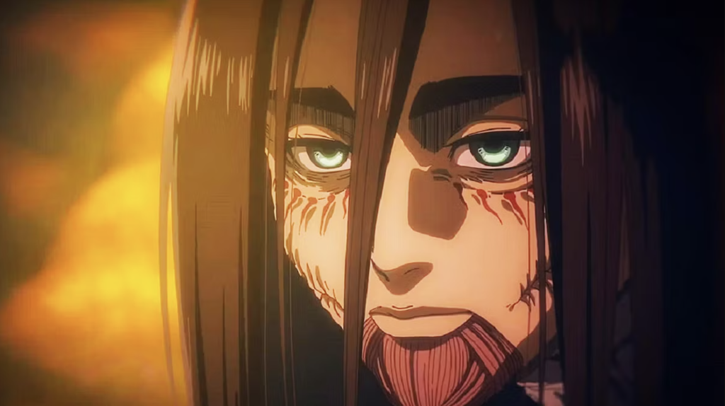 Eren Yeager from Attack on Titan Final Season THE FINAL CHAPTERS Special 2, showing his intense gaze with glowing green eyes and titan hardening marks on his face.