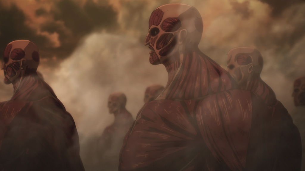 The image shows the massive line of Wall Titans marching during the apocalyptic event known as The Rumbling in Attack on Titan Final Season.