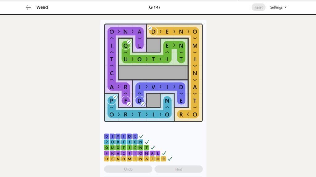 A screenshot of the solved Wend puzzle for August 16, 2026.