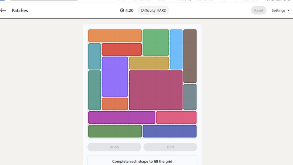 A screenshot of the solved Patches puzzle for August 16, 2026.