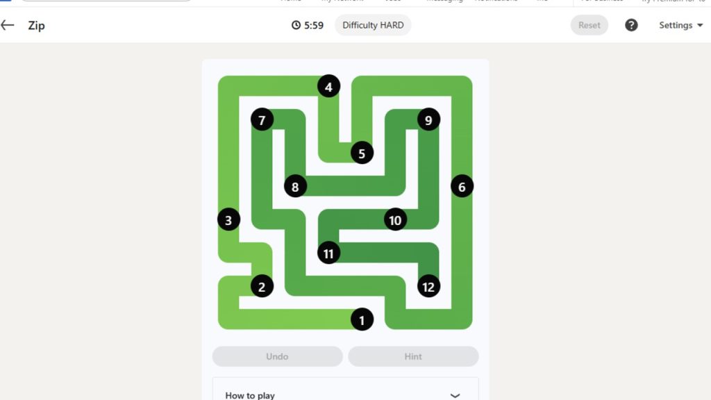 A screenshot of the solved Zip puzzle for August 16, 2026.