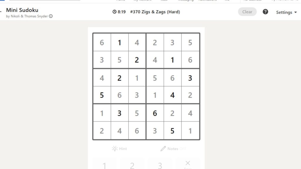 A screenshot of the solved Mini Sudoku puzzle for August 16, 2026.