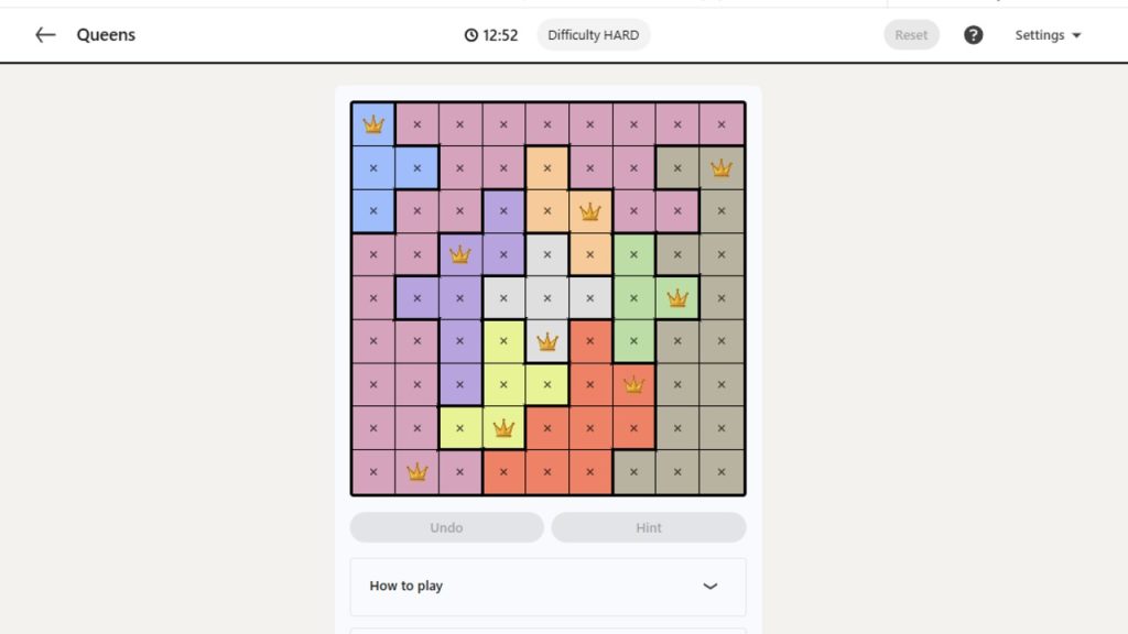 A screenshot of the solved Queens puzzle for August 16, 2026.