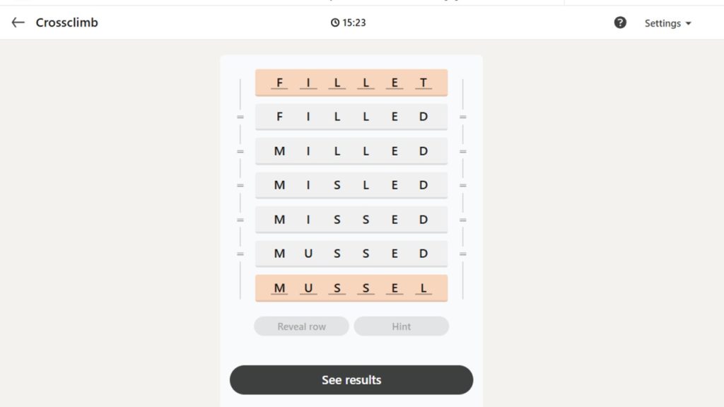 A screenshot of the solved Crossclimb puzzle for August 16, 2026.