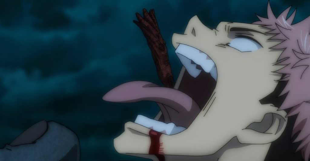Yuji Itadori swallowing one of Ryomen Sukuna's cursed fingers in the anime series Jujutsu Kaisen.