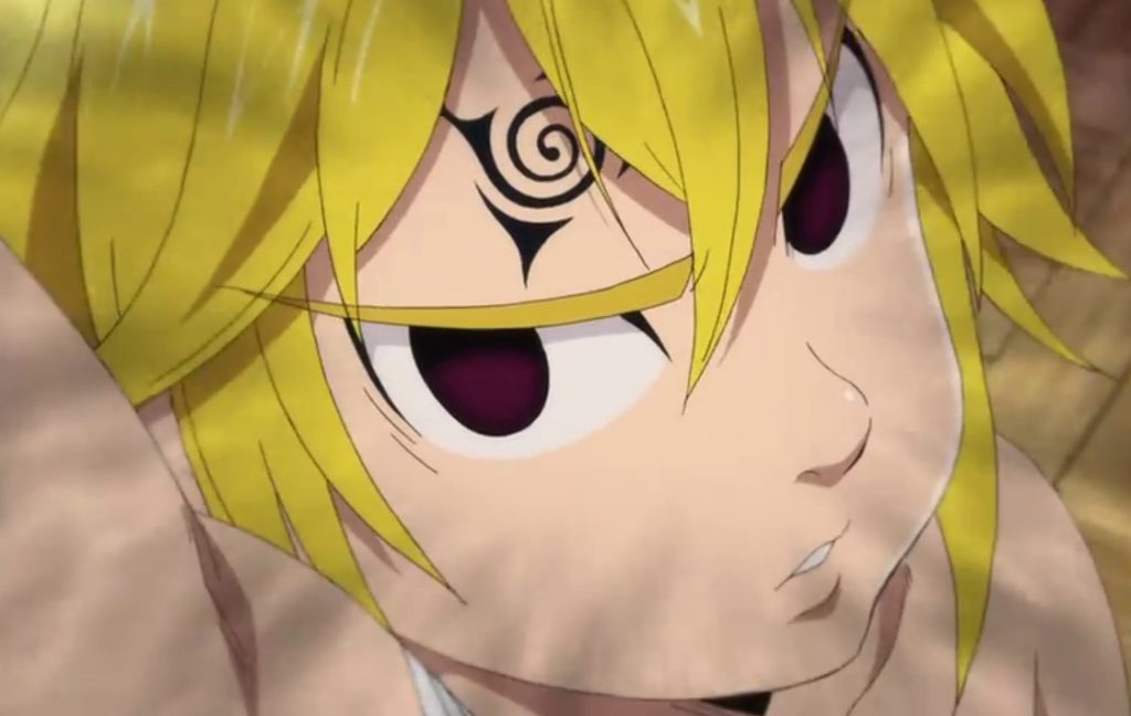 Meliodas from the anime series The Seven Deadly Sins with his initial demon mark visible on his forehead.
