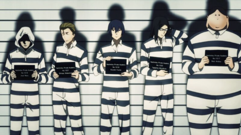 The Most Underrated Comedy Anime of Each Year From the 2010s, Ranked 8 The five main male characters from the comedy-ecchi anime series Prison School are shown lined up for mugshots in their prison uniforms.