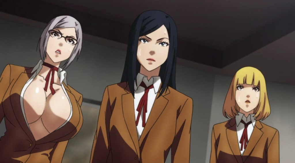 The Most Underrated Comedy Anime of Each Year From the 2010s, Ranked 9 The image features members of the Underground Student Council from the anime series Prison School, showing Meiko Shiraki on the left, Mari Kurihara in the center, and Hana Midorikawa on the right.