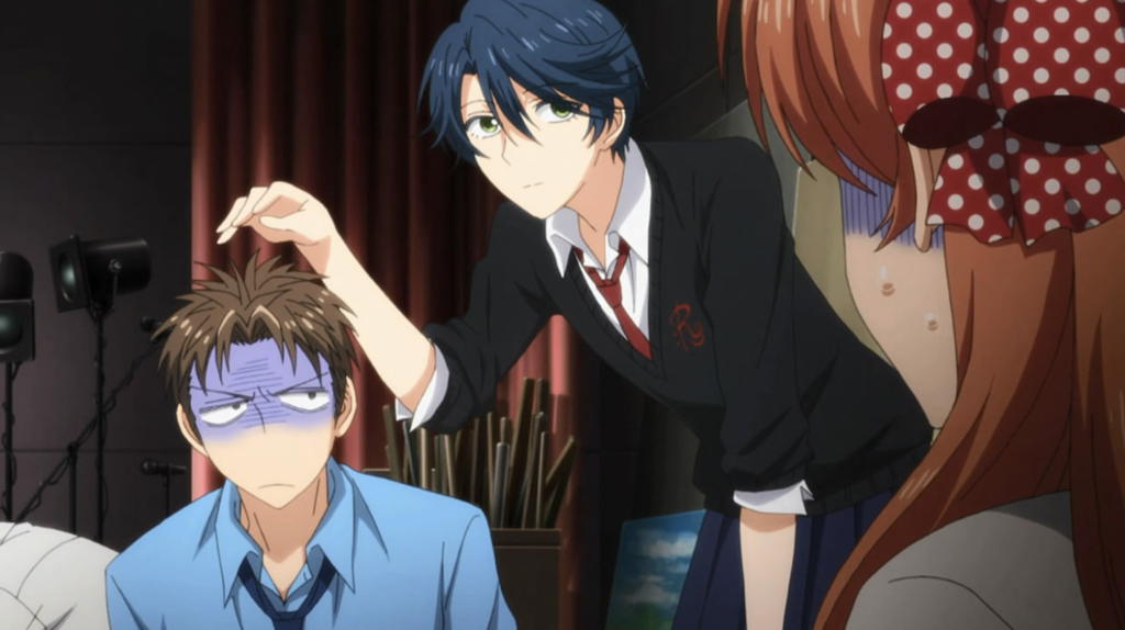 The Most Underrated Comedy Anime of Each Year From the 2010s, Ranked 17 Masayuki Hori is patting/reaching for Mikoto Mikoshiba's head while Chiyo Sakura watches in the background in this scene from the anime Monthly Girls' Nozaki-kun.