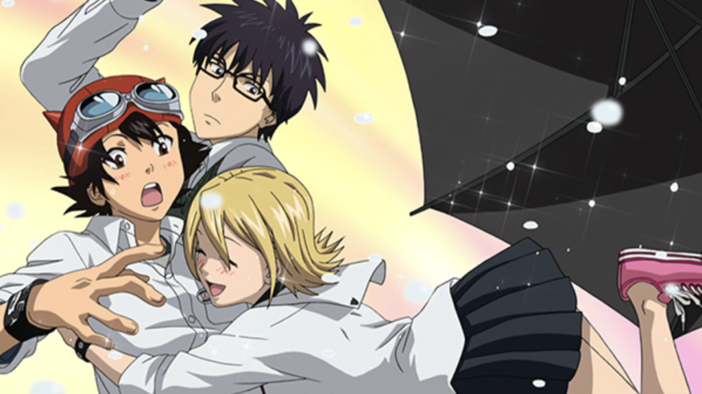The Most Underrated Comedy Anime of Each Year From the 2010s, Ranked 14 The image features the main trio—Bossun (Yusuke Fujisaki), Himeko (Hime Onizuka), and Switch (Kazuyoshi Usui)—from the comedy anime series Sket Dance.