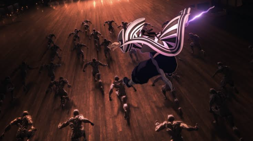 Demon Slayer: Infinity Castle Officially Expands Beyond Crunchyroll to New Streaming 5 The image shows the Serpent Hashira, Obanai Iguro, fighting off a swarm of low-level demons inside the Dimensional Infinity Castle in Demon Slayer: Kimetsu no Yaiba – Infinity Castle. Obanai Iguro is airborne with his distinct striped haori and his white snake Kaburamaru.
