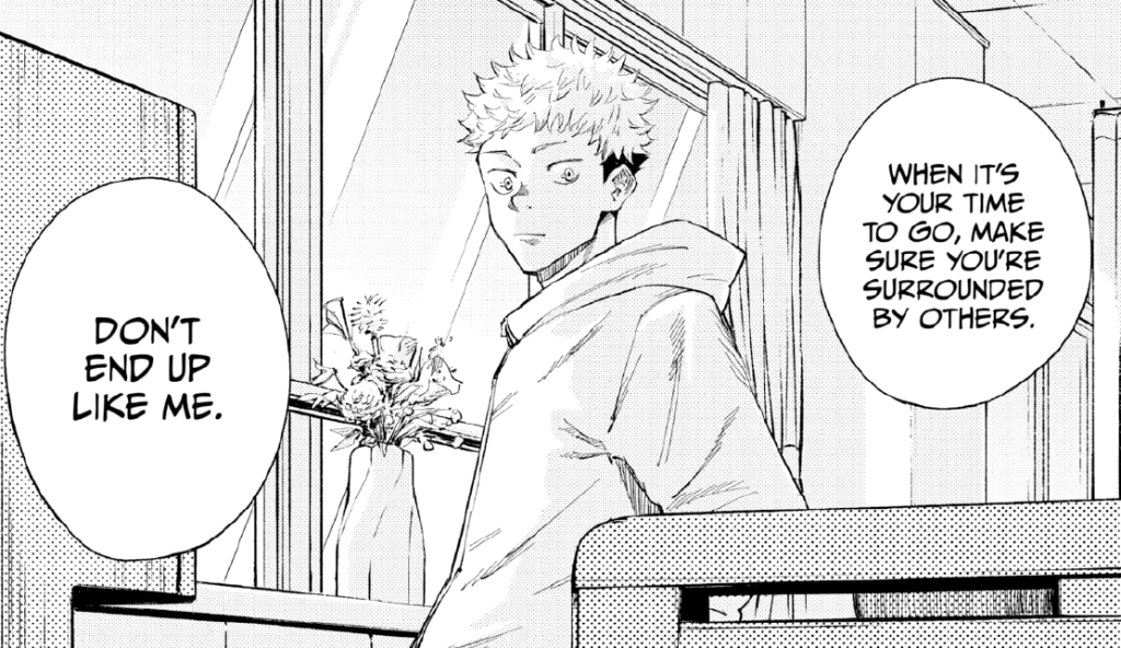 Yuji's grandfather talking to him about not dying alone, jujutsu kaisen