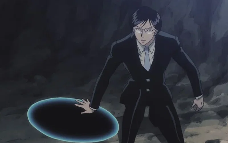 Knov from Hunter x Hunter uses his portal ability, Hide and Seek, to create spatial gateways.