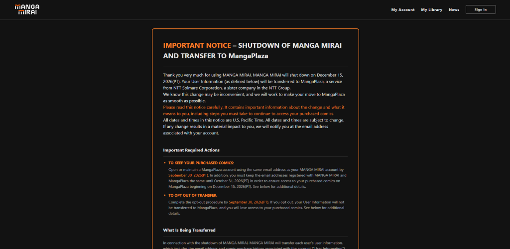a still of the MANGA MIRAI website