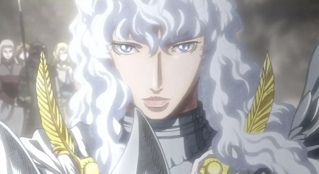 The image shows Griffith from the dark fantasy anime and manga series Berserk, specifically depicted as the charismatic leader of the Band of the Hawk transformed into his angelic persona as the Falcon of Light.