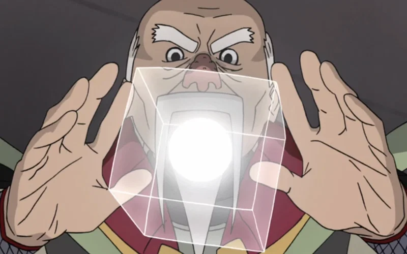 The image shows the Third Tsuchikage, Ōnoki, from the anime series Naruto: Shippūden, shaping his signature advanced nature transformation.