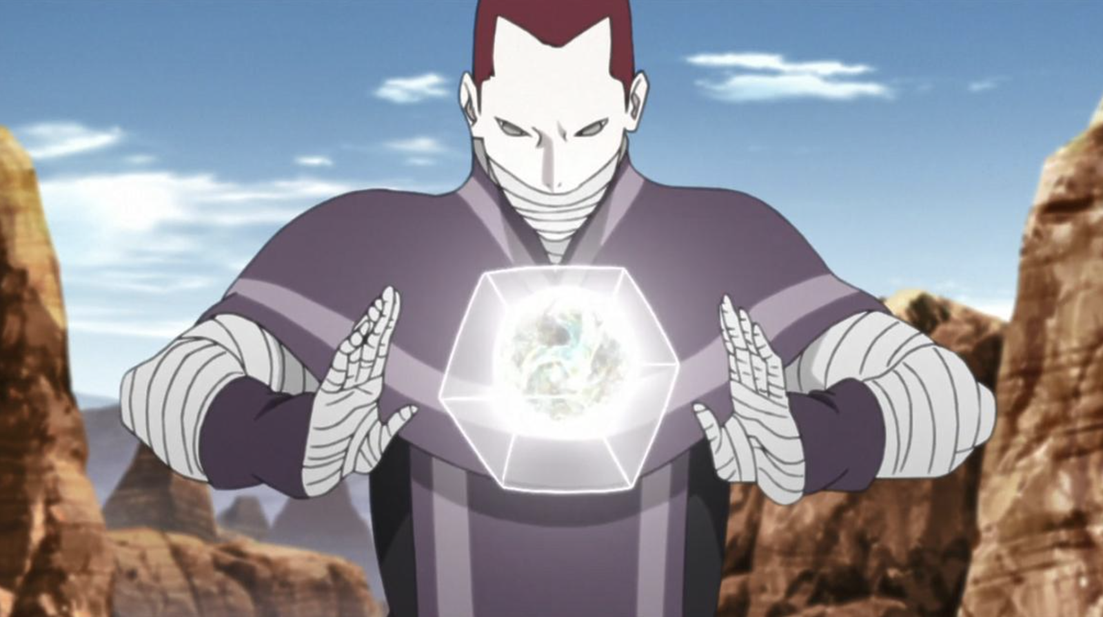 The image shows the synthetic human character Kakō from the anime series Boruto: Naruto Next Generations using the devastating Dust Release (Jinton) technique.