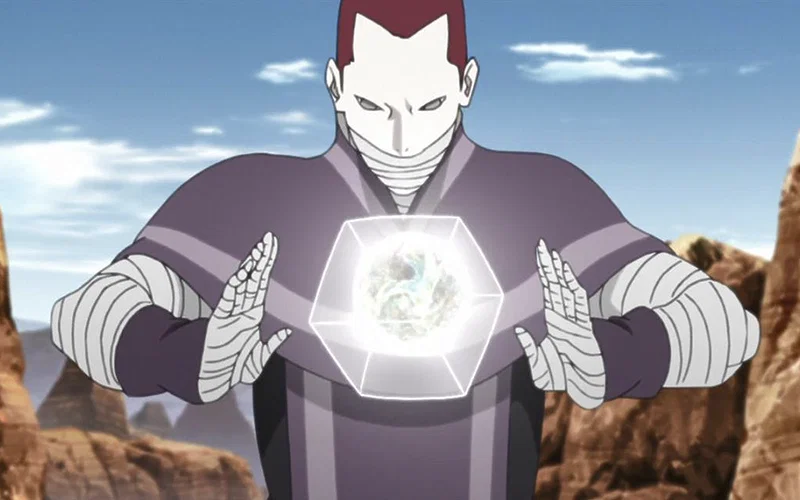 The image shows the synthetic human character Kakō from the anime series Boruto: Naruto Next Generations using the devastating Dust Release (Jinton) technique.
