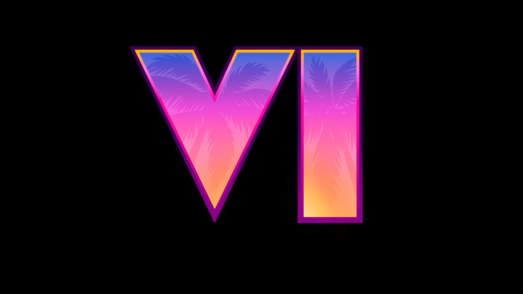 The official GTA 6 logo appearing in neon colors over a dark background. 