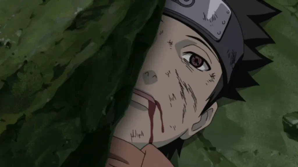 a still from the naruto anime series showing Obito crushed under a tree