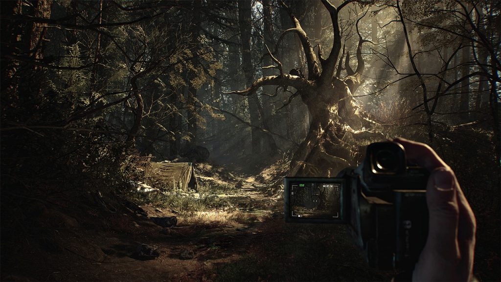 A gameplay screenshot of Blair Witch, a psychological horror game set in the Black Hills Forest.